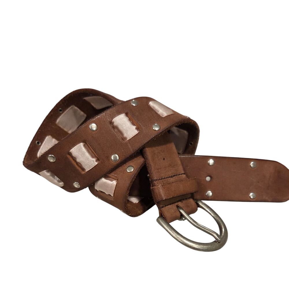 Brown Distressed Leather Belt Pink Satin Ribbon Silver Studs Brass Hardware Sz L